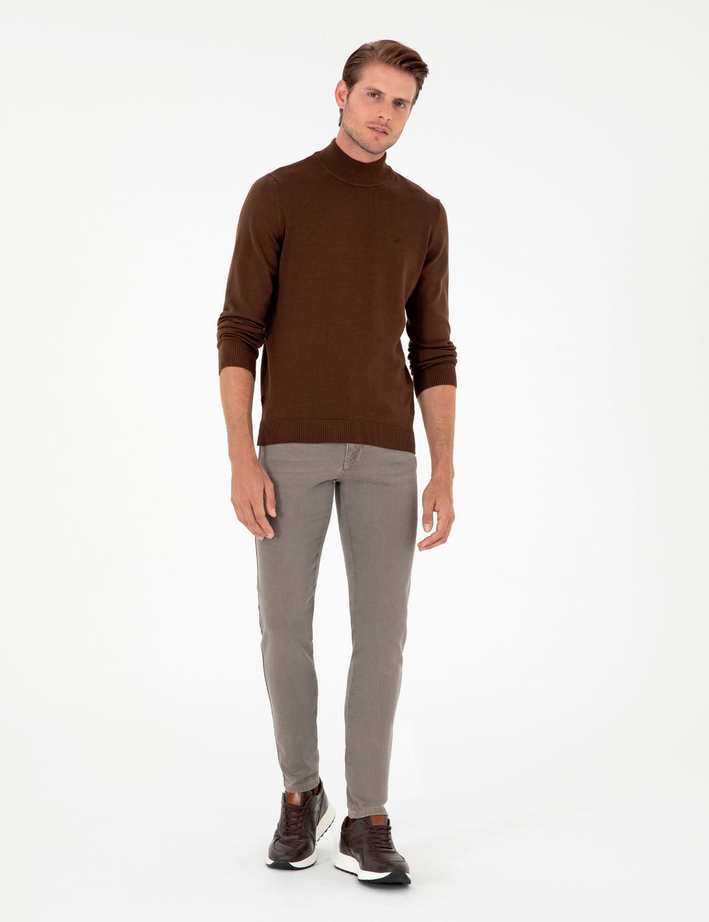 Koyu Kahverengi Slim Fit Yar_m Bal_k__ Yaka Basic Triko Kazak