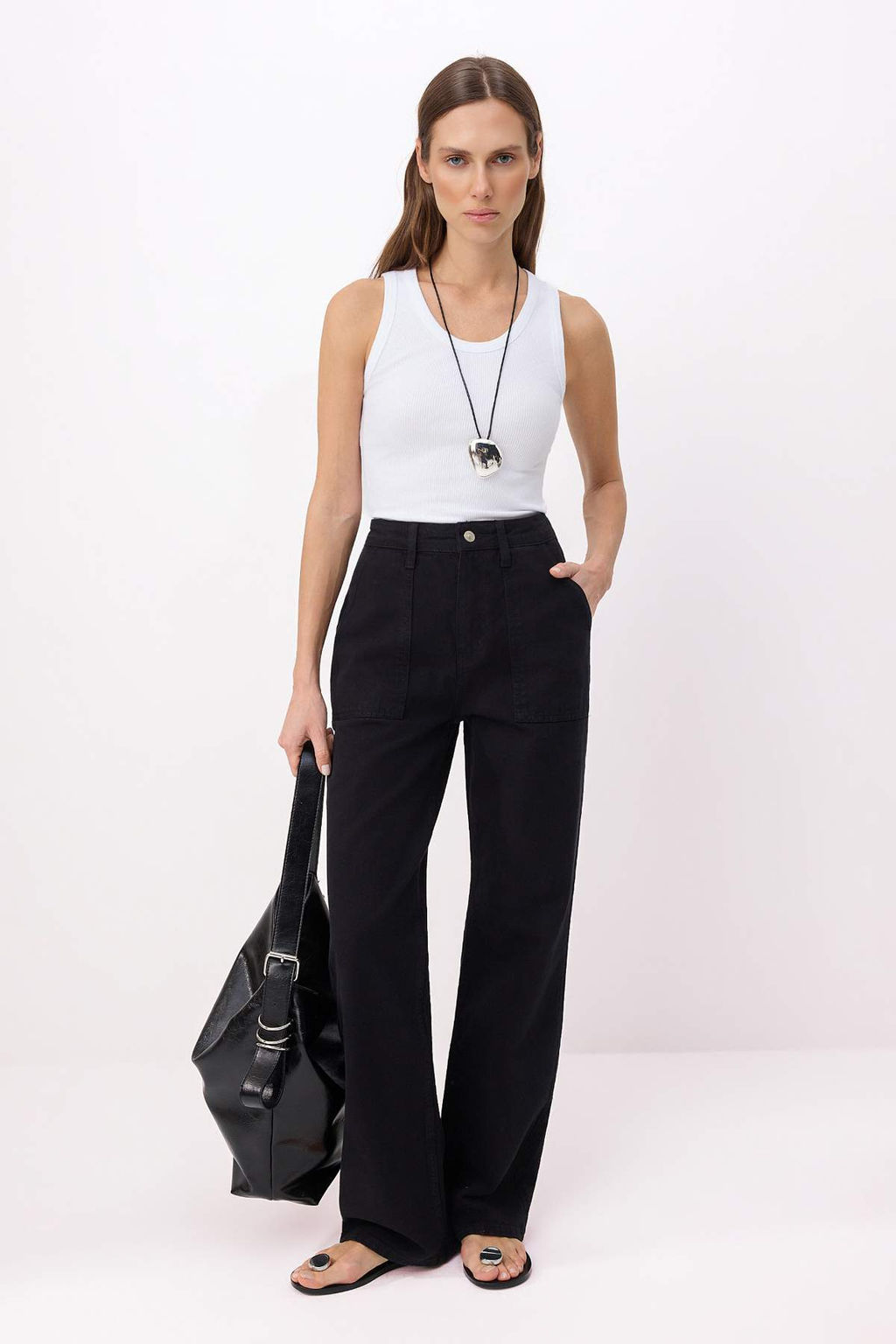 Siyah Cep Detayl? Yuksek Bel Wide Leg Jeans TWOAW22JE0595