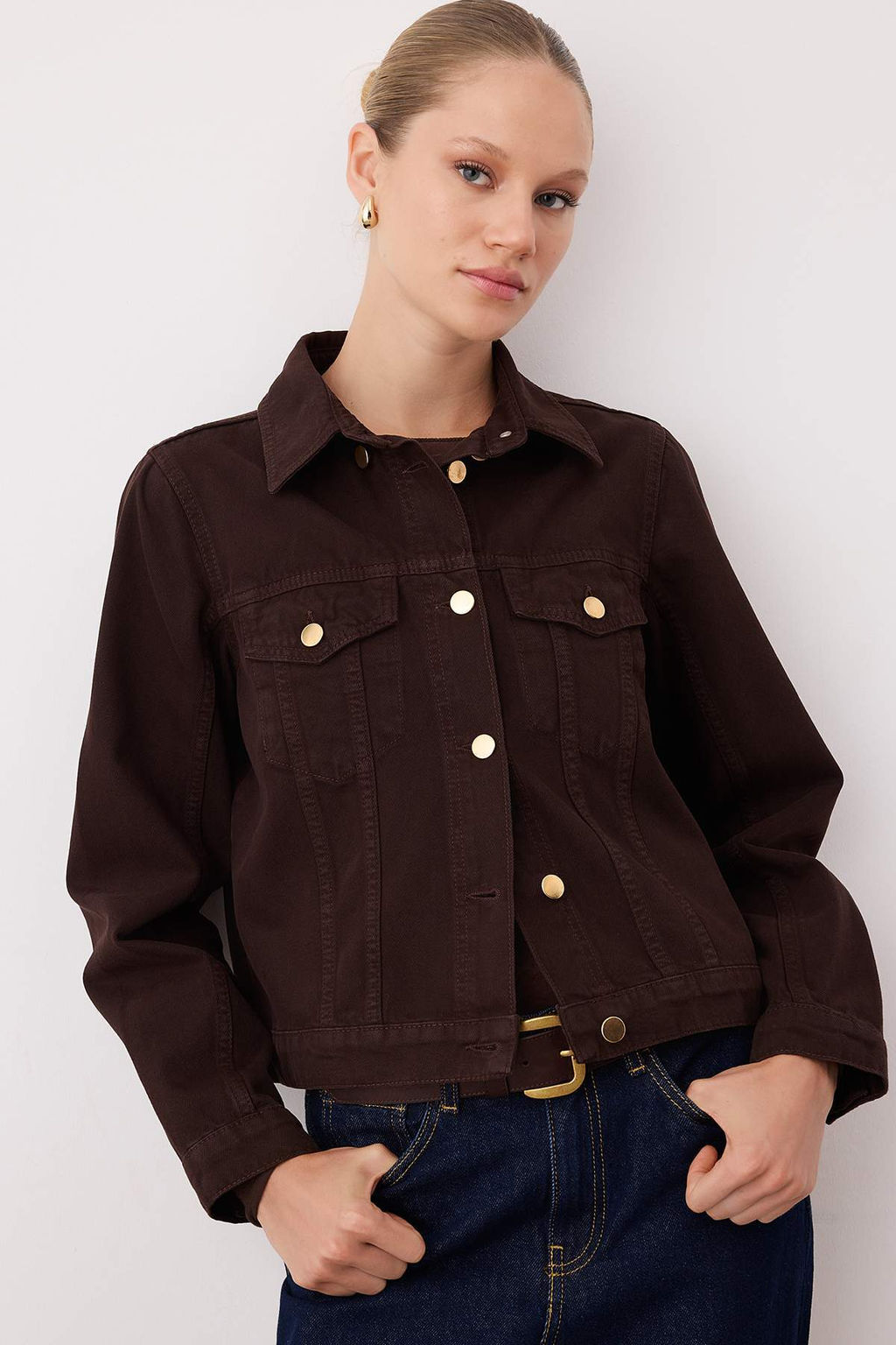 Kahverengi C?kar?labilir Pelerinli Denim Panco Ceket TWOAW26CE00001 - Trendyolmilla фото 3