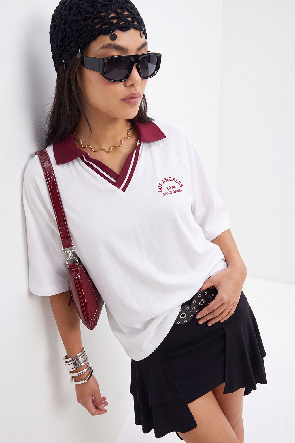 Ekru Kal_n Pamuklu Triko Bant Detayl_ Nak__l_ Overize/Geni_ Kal_p _rme T-Shirt TWOSS25TS00100 - Trendyolmilla фото 3