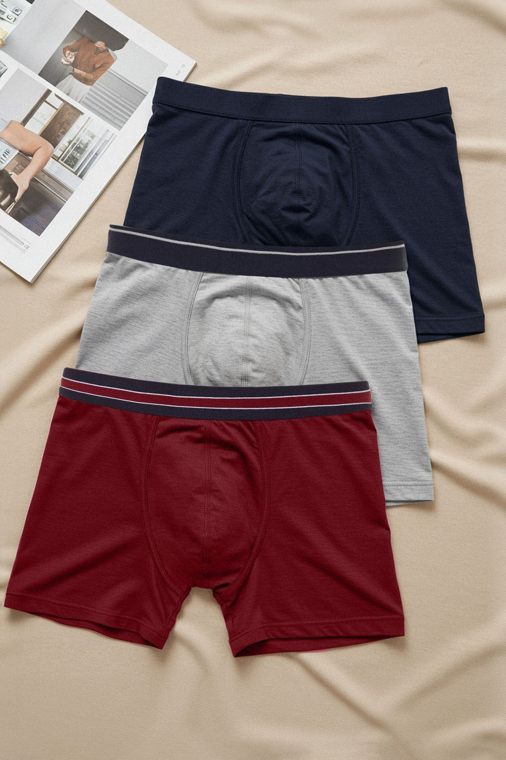 TRENDYOL MAN Bordo-Gri-Lacivert Duz Cizgili Lastikli 3lu Paket Boxer TMNSS23BX00016