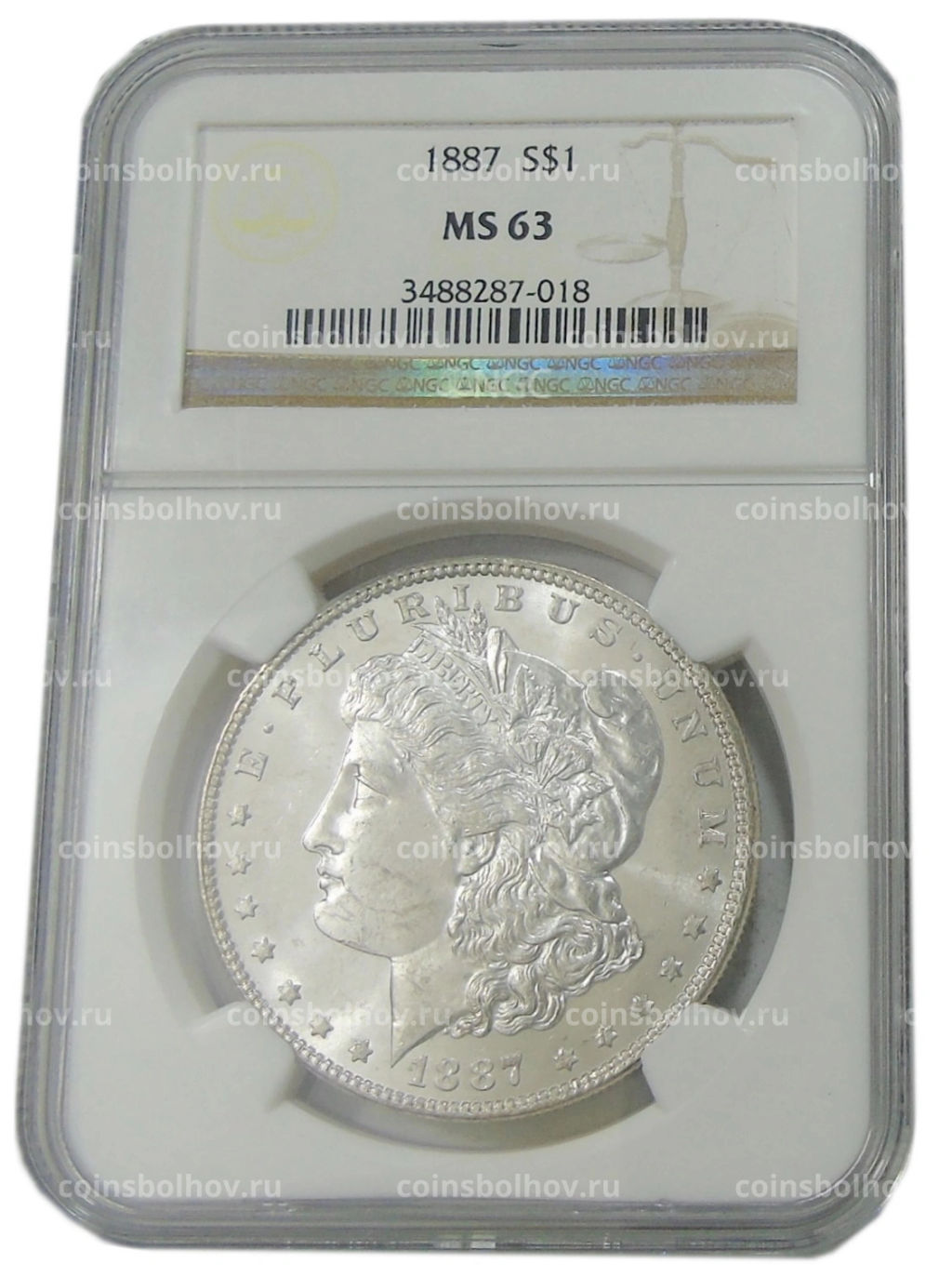 1 доллар 1887 года США Доллар Моргана (в слабе NGC MS 63)