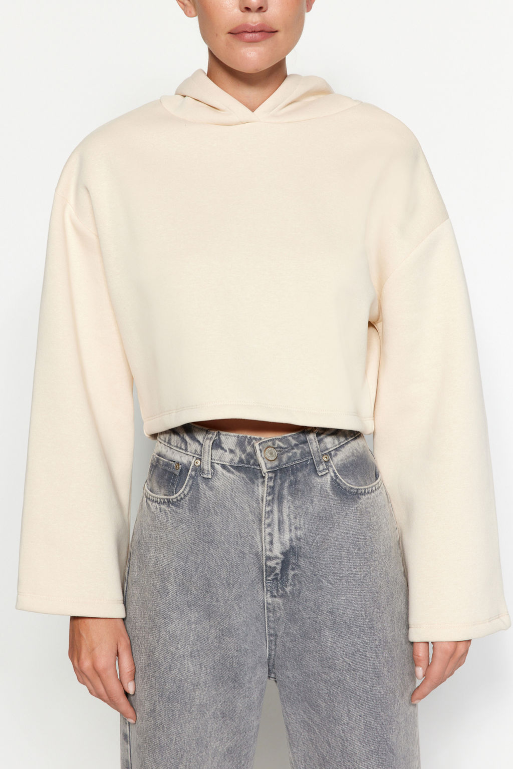 Ac?k Tas Kal?n Ici Polarl? Rahat Kesim Crop Ispanyol Kol Kapusonlu Orme Sweatshirt TWOAW24SW00284