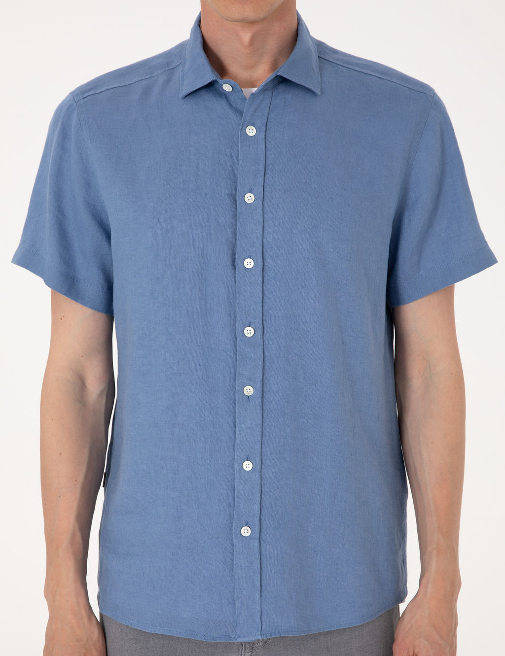 Mavi %100 Keten Regular Fit K_sa Kollu G_mlek