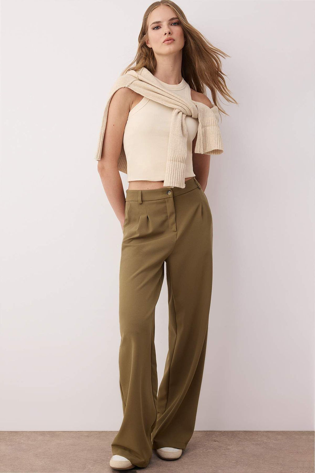 Ac?k Haki Pilili Wide Leg/Genis Paca Pantolon TWOAW25PL00109 Palazzo