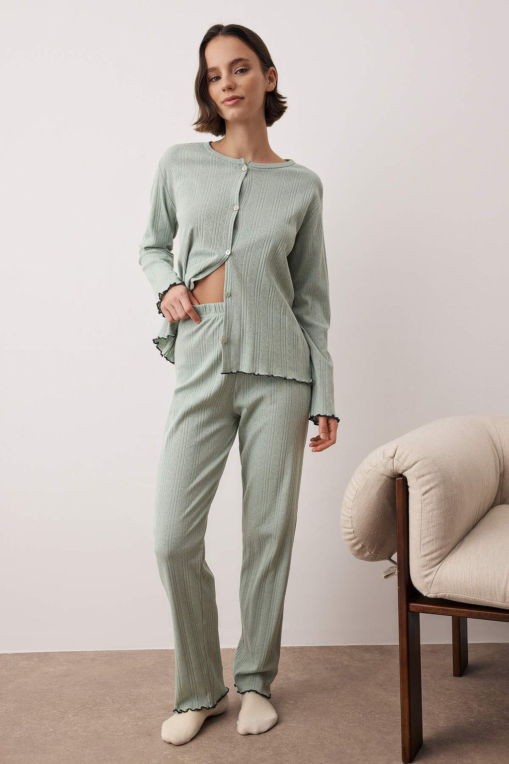 Yesil H?rkal? Pointel/Fitilli Baby Overloklu Orme Pijama Tak?m? THMAW26PT00219