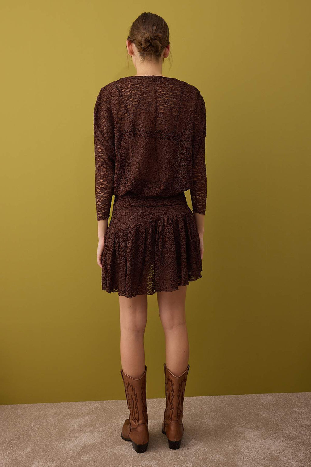 Kahverengi Boho Orme Dantel K?sa / Mini Elbise TPRAW26EL00046