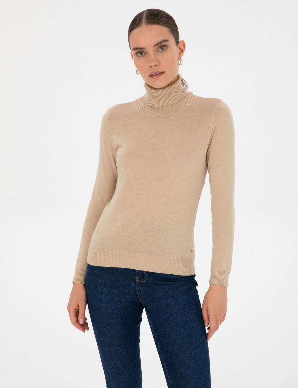 Bej Slim Fit Bal_k__ Yaka Basic Kazak