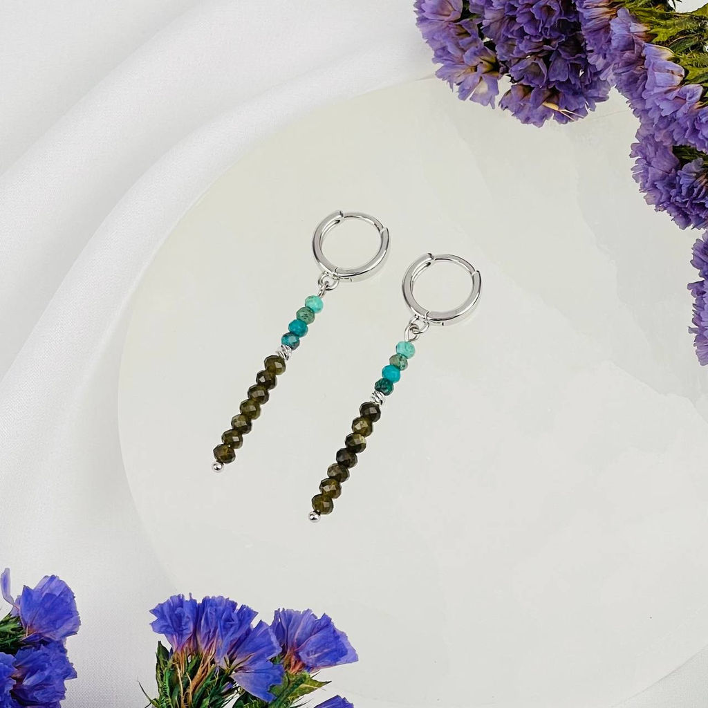 Серьги длинные из серебристого Обсидиана и Хризоколлы