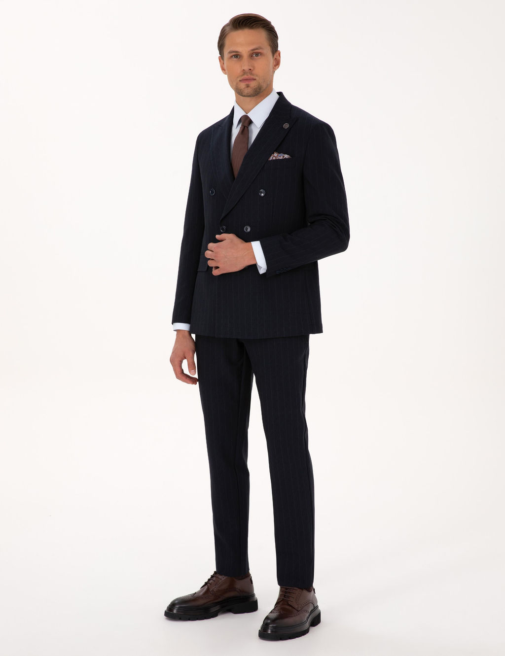 Lacivert Ex. Slim Fit _izgili Kruvaze Tak_m Elbise