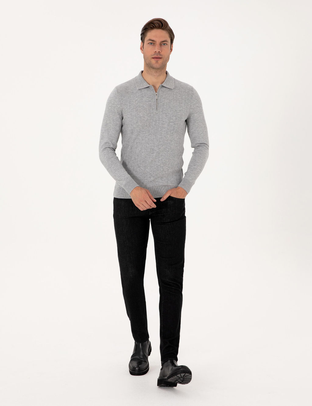 A__k Gri Melanj Regular Fit Polo Yaka Fermuarl_ Triko Kazak - Pierre cardin фото 4