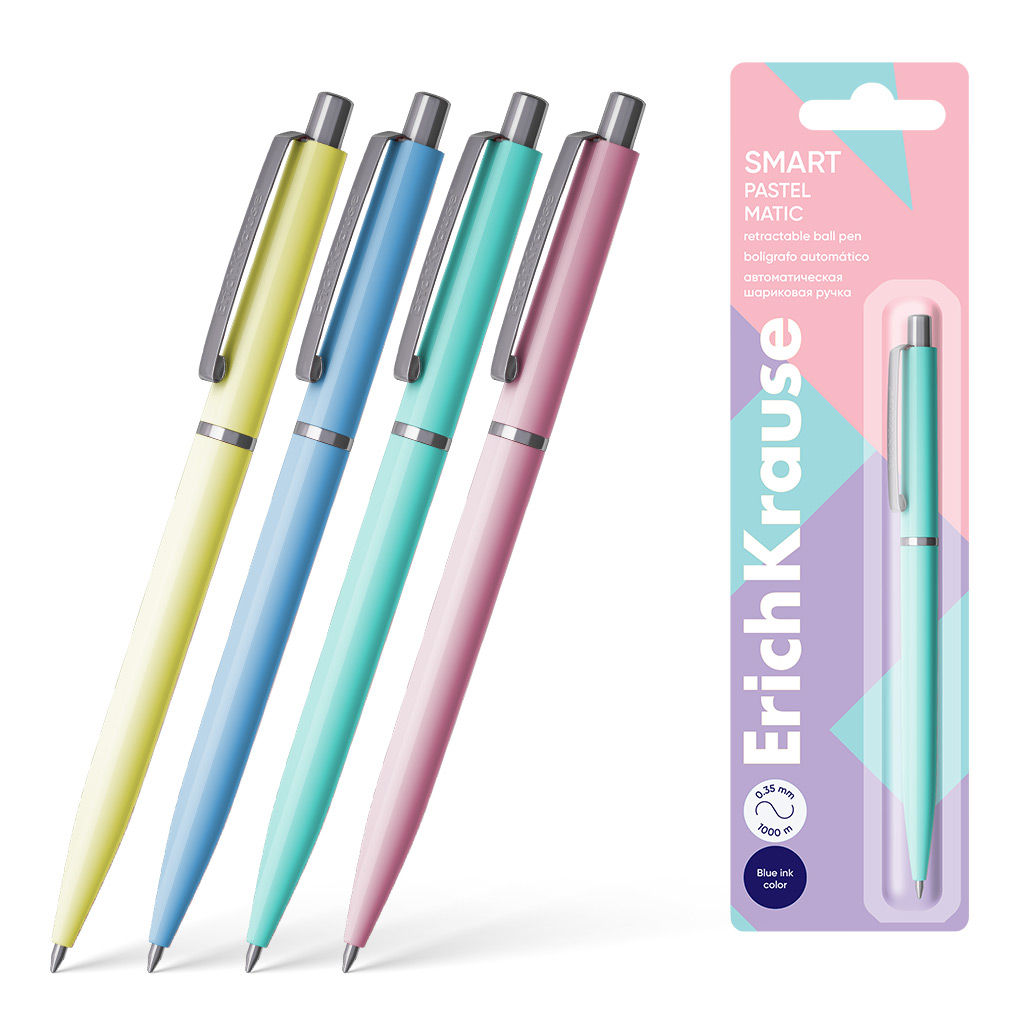Цена за 12 шт. Ручка шариковая автоматическая ErichKrause Smart® Matic Pastel 0.7, Super Glide Technology, цвет чернил синий (в блистере по 1 шт.)
