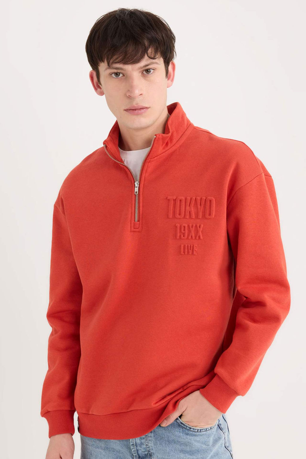 Comfort Regular Fit Rahat Kal?p Dik Yaka Fermuarl? Bask?l? Sweatshirt - Defacto фото 3