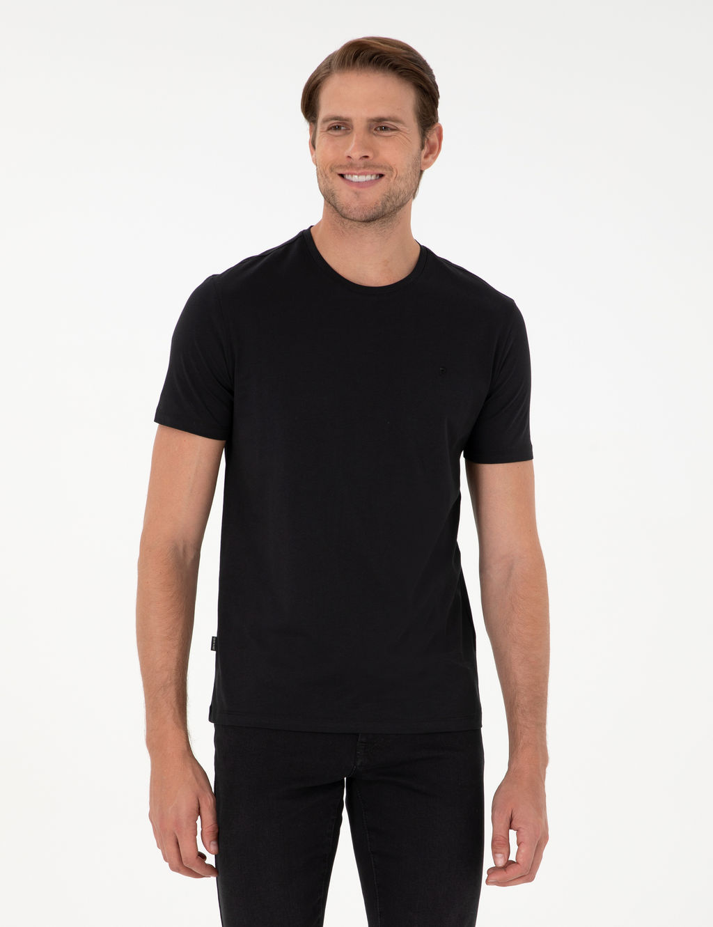Siyah %100 Pamuk Slim Fit Bisiklet Yaka Basic Ti__rt