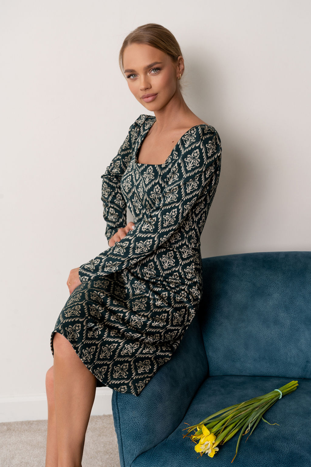 Платье Open Style 5241 изумрудный/серый