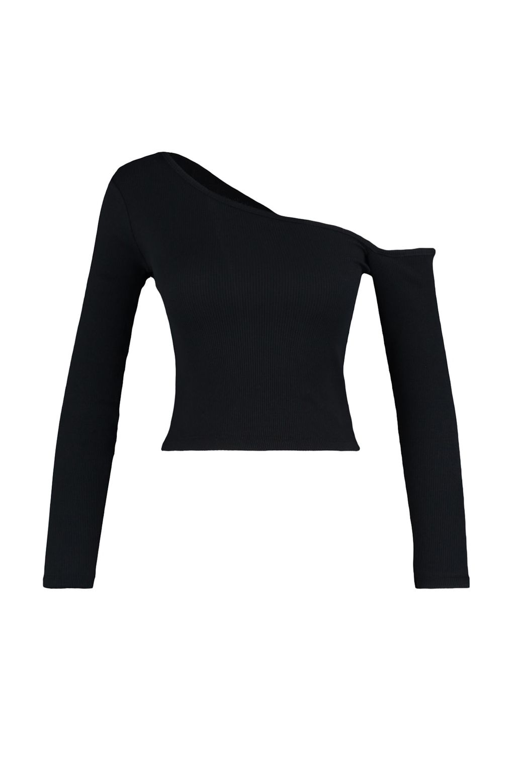 Siyah Fitted/Vucuda Oturan Asimetrik Yaka Omzu Ac?k Fitilli Esnek Orme Bluz TWOAW23BZ00088