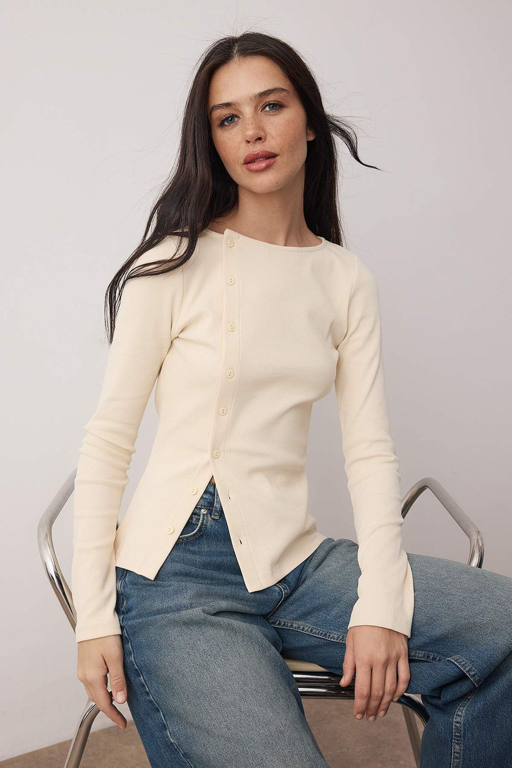 Tas Dugmeli Bisiklet Yaka Vucuda Oturan Fitilli Esnek Orme Bluz TWOAW26BZ00104