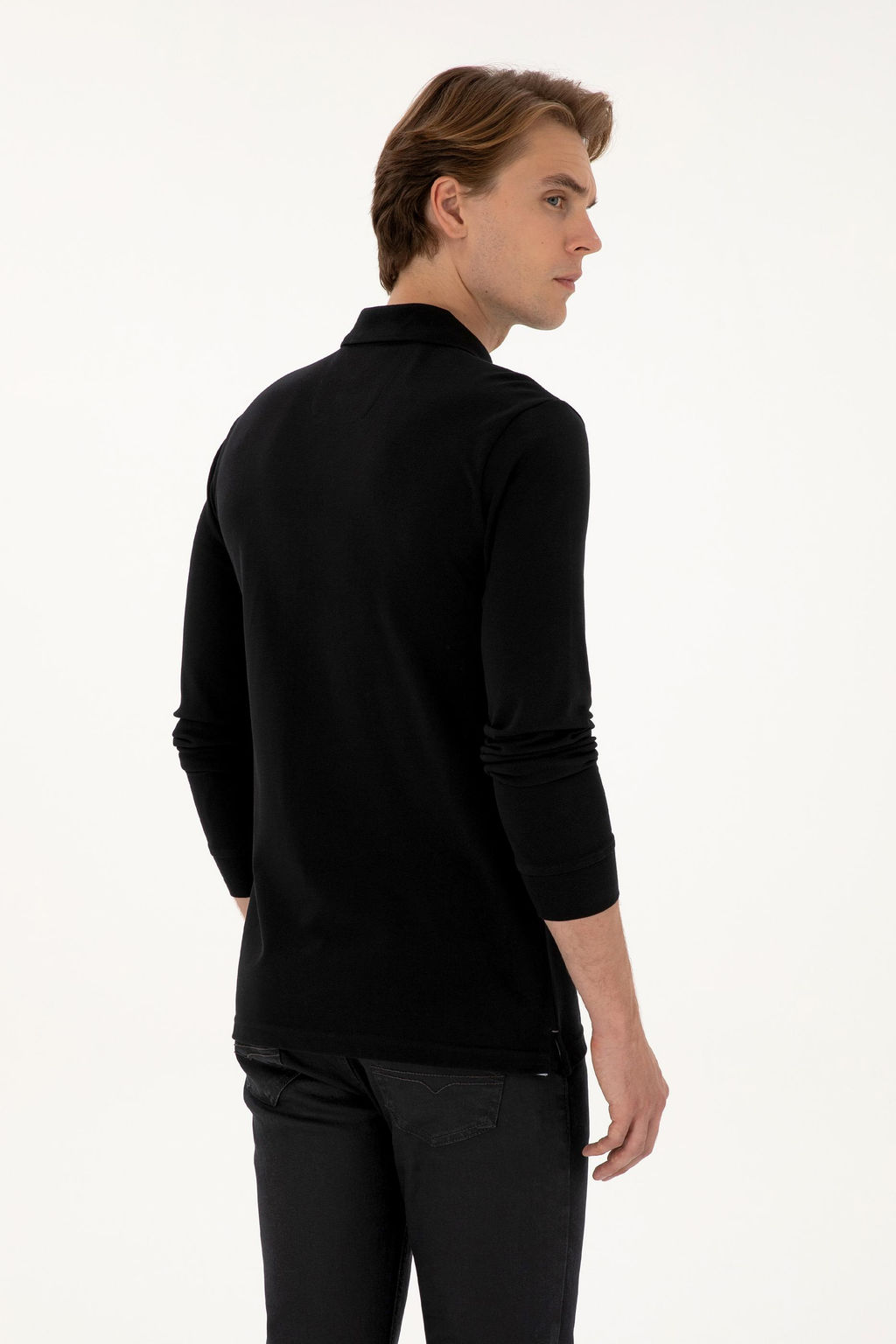 Erkek Regular Fit Polo Yaka Siyah Basic Sweatshirt