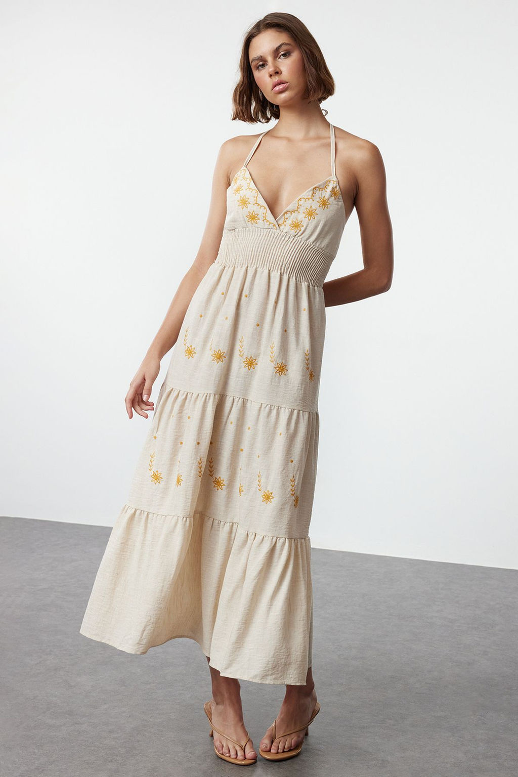 Tas Belden Ac?lan Cicek Nak?sl? Gipeli Midi Dokuma Elbise TWOSS24EL01116 - Trendyolmilla фото 2