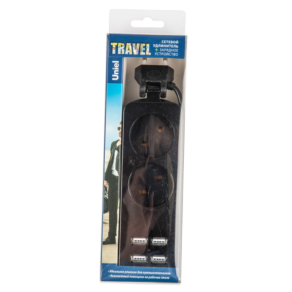 S-CT2-1,5U BLACK Удлинитель серии Travel, шнур 1,5м., 2 гнездa, 10A, б/з, 4USB(2,1A). Черный. ТМ Uniel