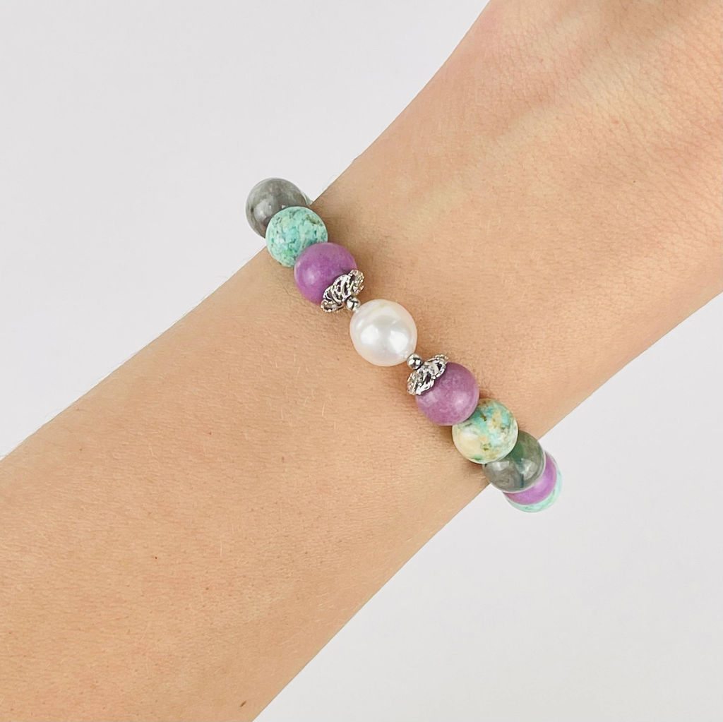 Браслет из Фосфосидерита, Варисцита и Жемчуга 18,5 см