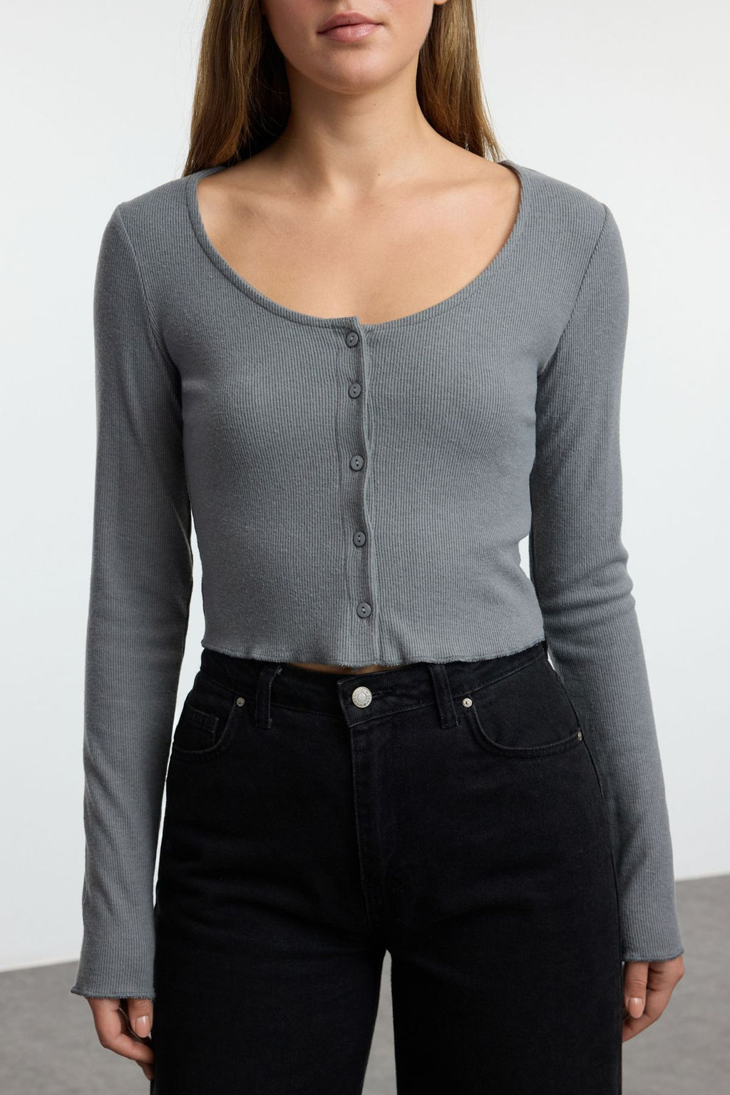 Gri Fitted/Vucuda Oturan Havuz Yaka Esnek Orme Bluz TWOAW25BZ00231 - Trendyolmilla фото 3