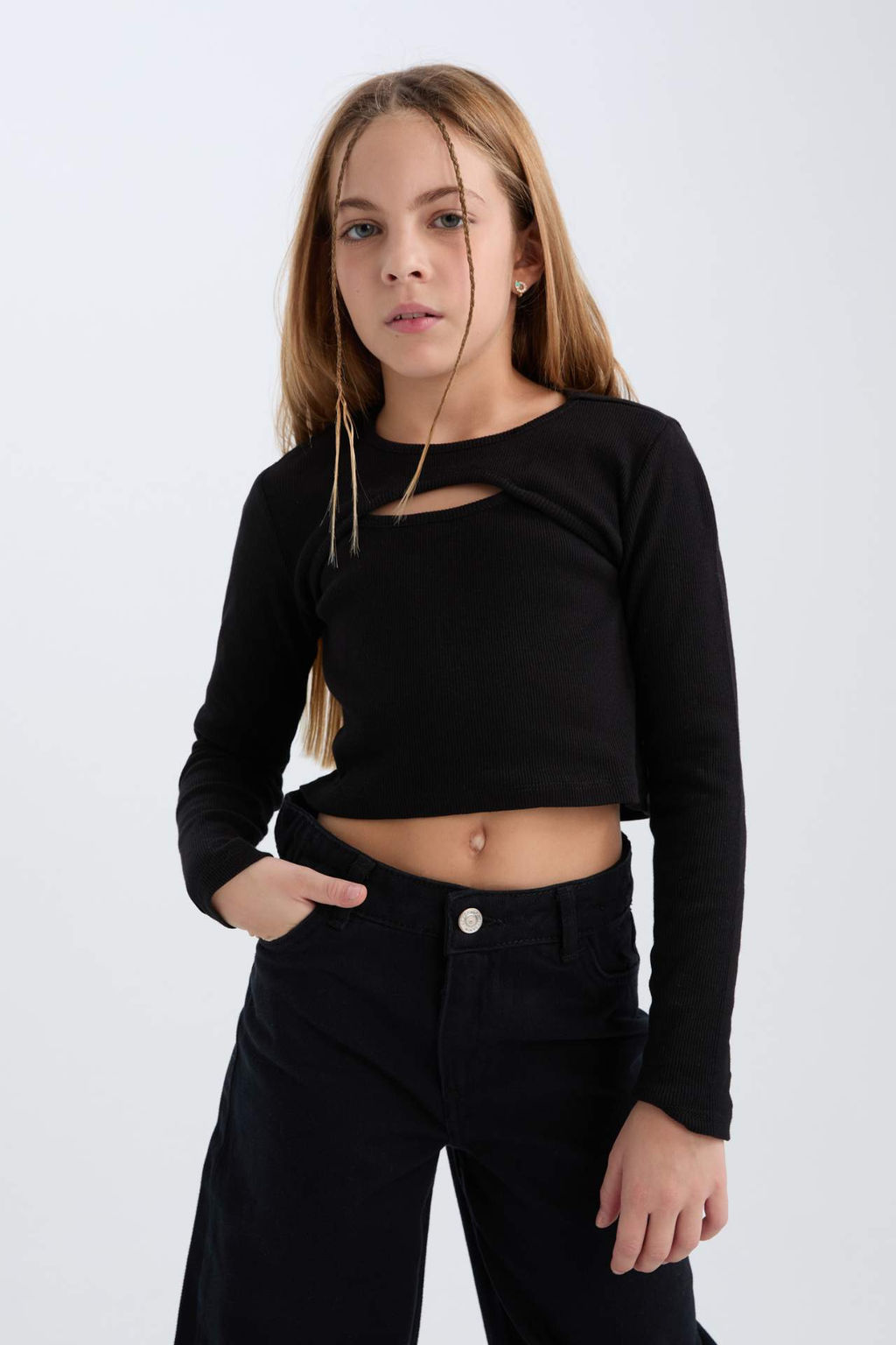 K?z Cocuk Slim Fit Dar Kesim Bisiklet Yaka Fitilli Kaskorse Uzun Kollu Tisort - Defacto фото 3