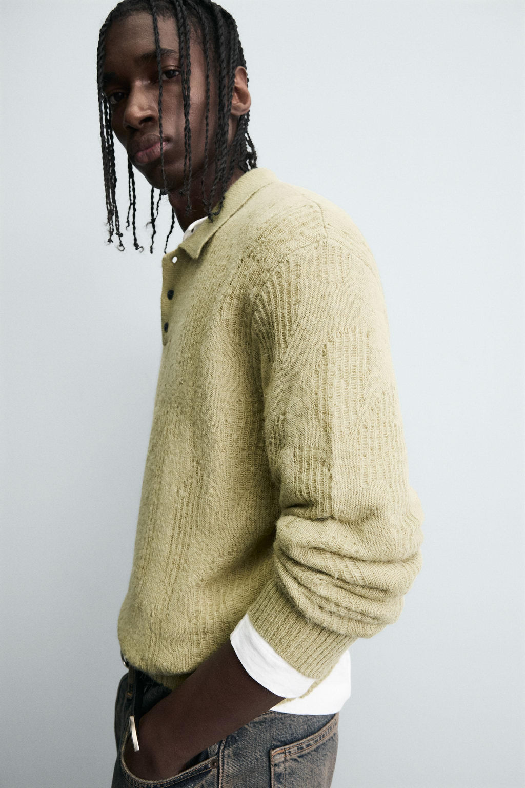 KNIT OPEN-WORK POLO SHIRT