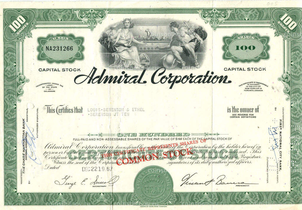 Сертификат передаточный на 100 акций Admiral Corporation 1967 года (США)