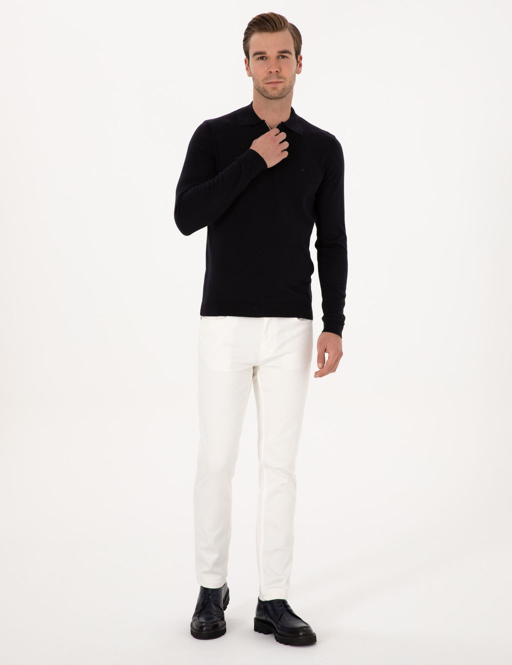 Lacivert Regular Fit Pamuk Kar___ml_ Fermuarl_ Polo Yaka Basic Triko Kazak