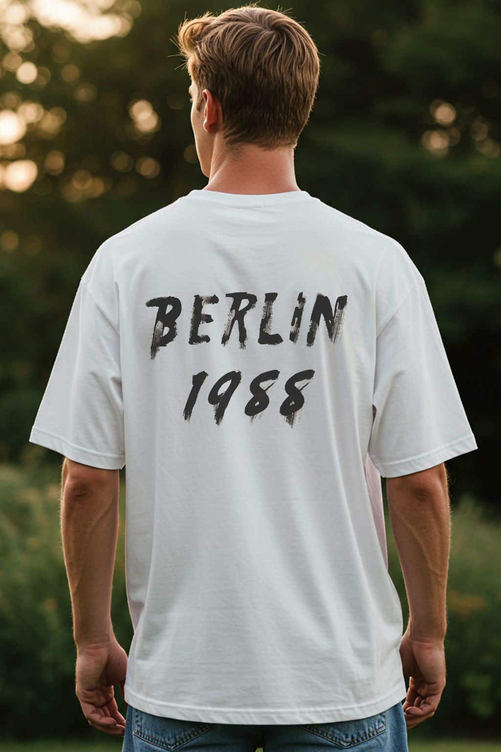 TRENDYOL MAN Ekru Oversize/Genis Kesim Berlin S?rt Bask?l? %100 Pamuk T-Shirt TMNSS25TS00157