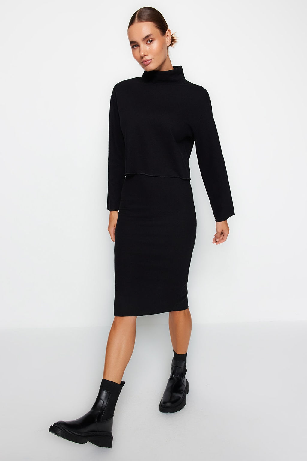 Trendyolmilla Siyah Normal Bel Selanik/Triko Gorunumlu Midi Kalem Orme Etek TWOAW24ET00030  фото 3