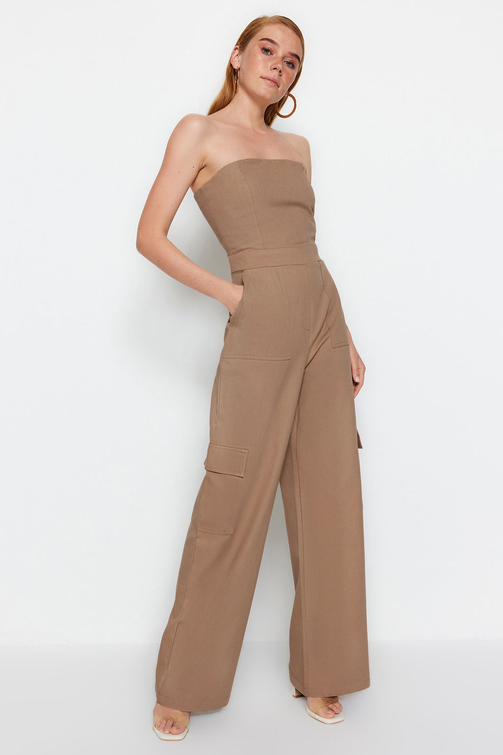 TRENDYOLMILLA Camel Kargo Cepli Straplez Yaka Maxi Dokuma Tulum TWOSS23TU00192  фото 15