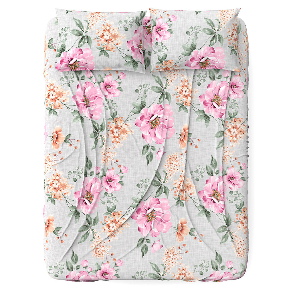 Простыня 2-х спальная на резинке "Душистый шиповник" 140х200см, свесы 27см, поплин 115г/м2, хлопок 100%, упаковка "классическая" ПВХ 28х41см, "Домашняя мода" (Россия)