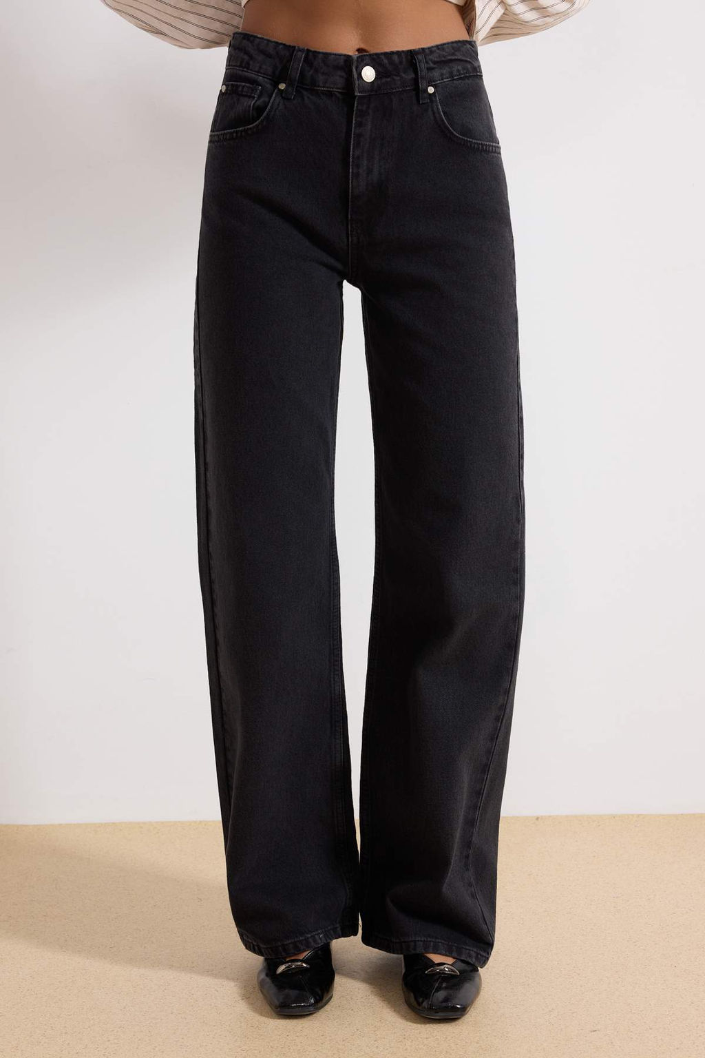 Siyah Y_ksek Bel Wide Leg Smoke Geni_ Pa_a %100 Pamuk Non-Stretch Jeans TWOSS23JE00068 - Trendyolmilla фото 7