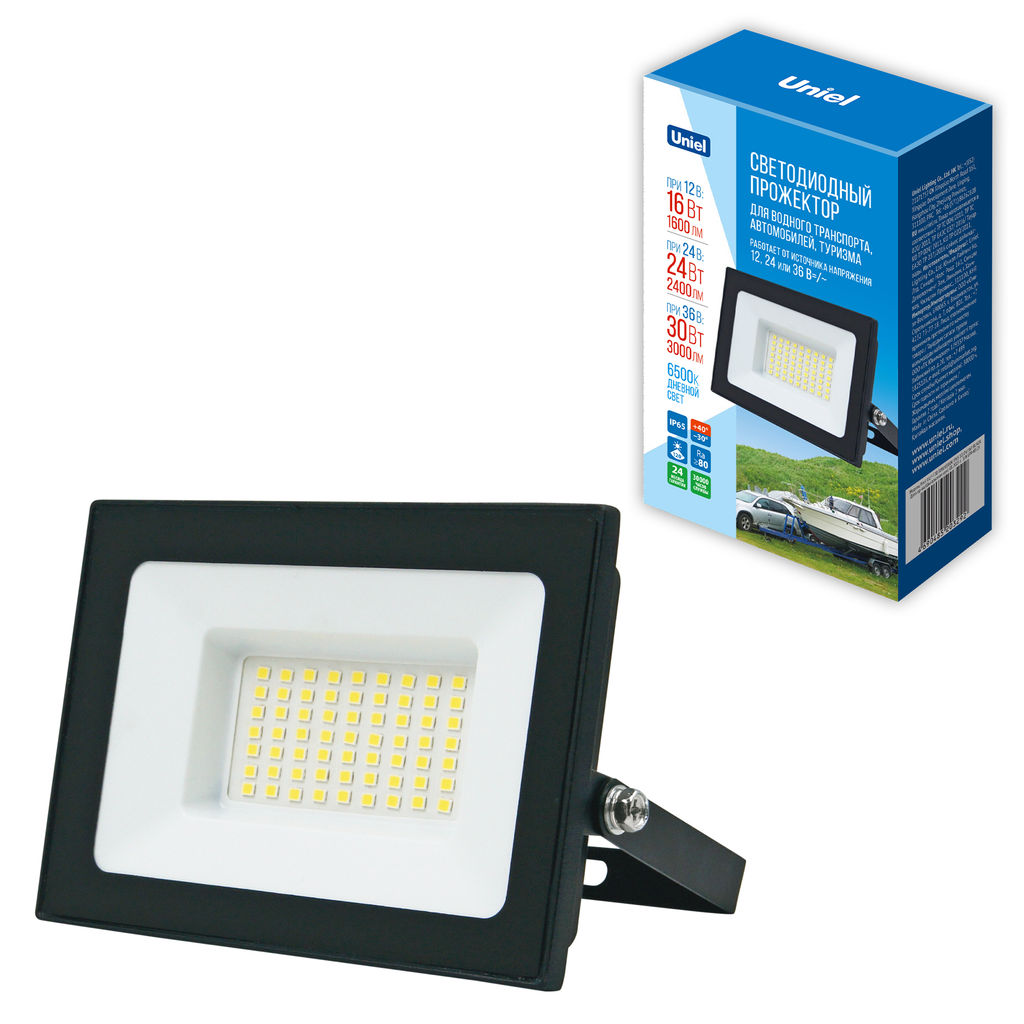 ULF-F70 30W/6500K IP65 12/24/36V BLACK Прожектор светодиодный. Дневной свет (6500K). Корпус черный. TM Uniel