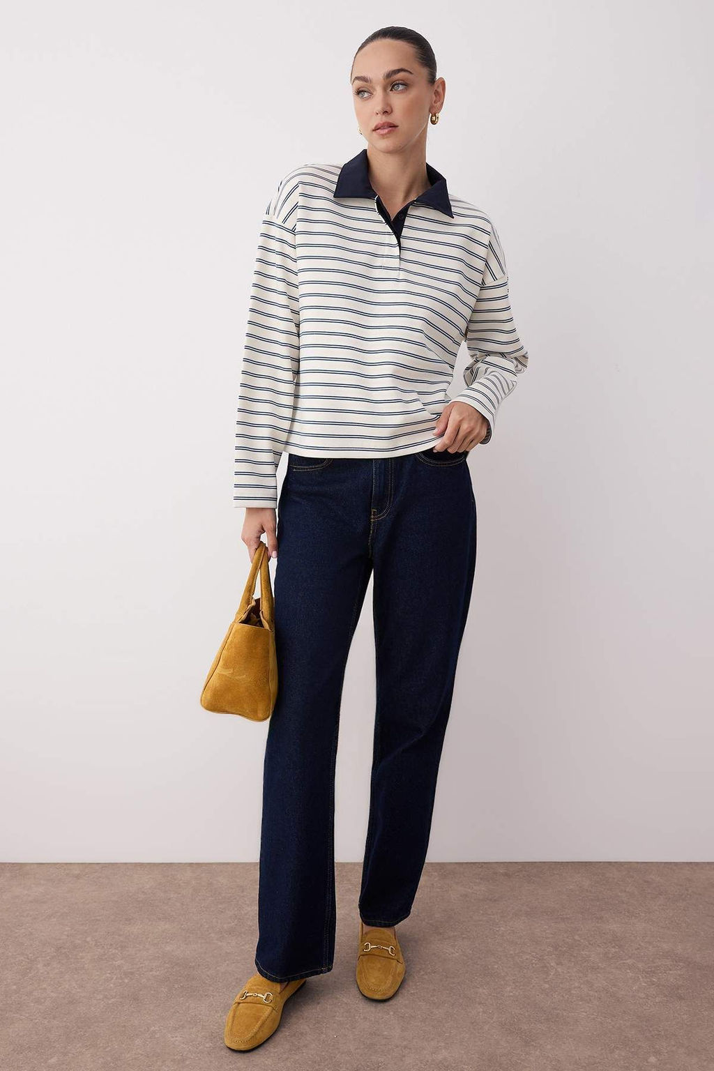 Ekru Cizgili More Sustainable Dokuma Yaka Detayl? Regular Orme T-shirt/Sweatshirt TWOAW26TS00004 - Trendyolmilla фото 6