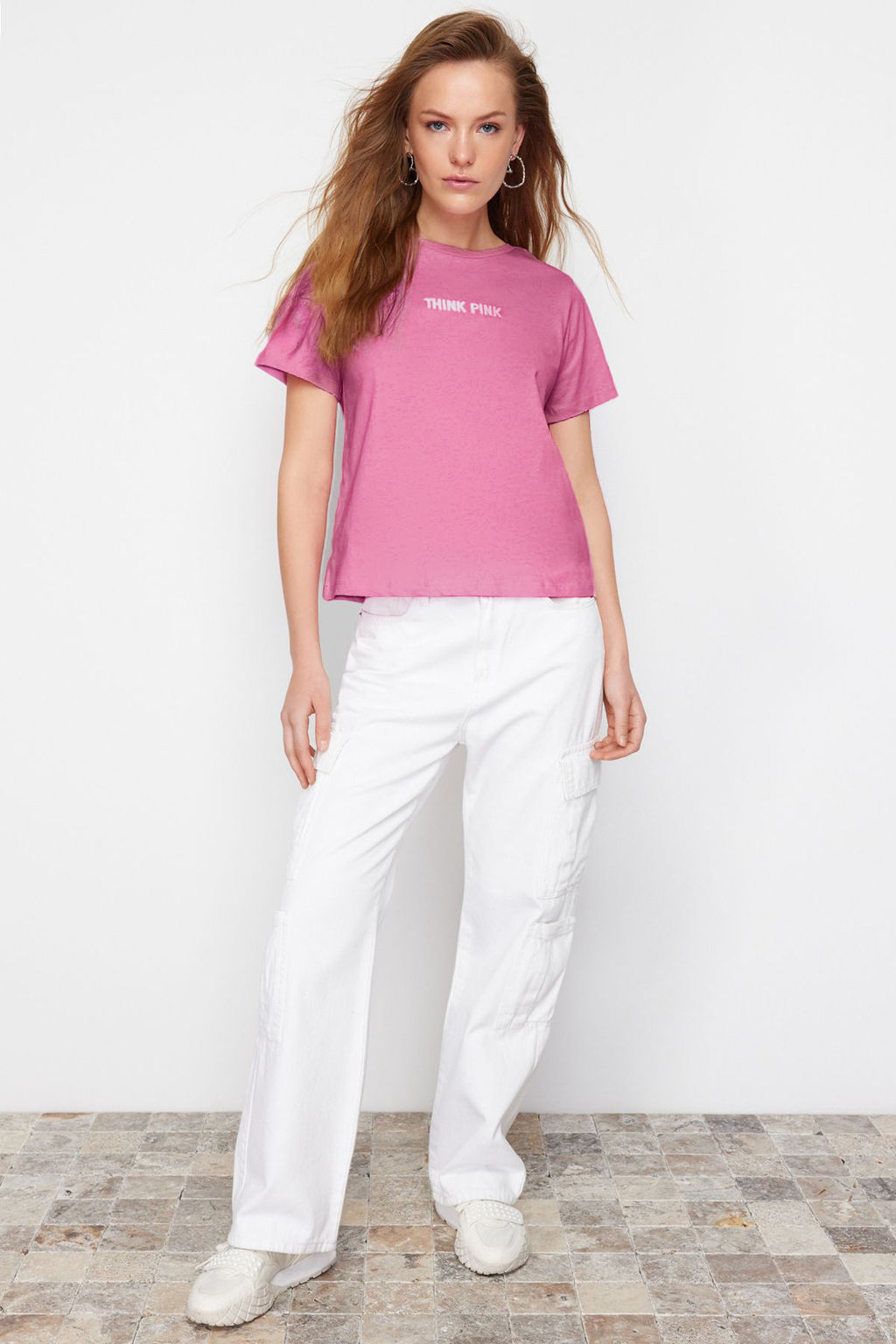 Pembe %100 Pamuk Slogan Nak?sl? Relaxed/Rahat Kal?p Orme T-Shirt TWOSS24TS00177 - Trendyolmilla фото 2