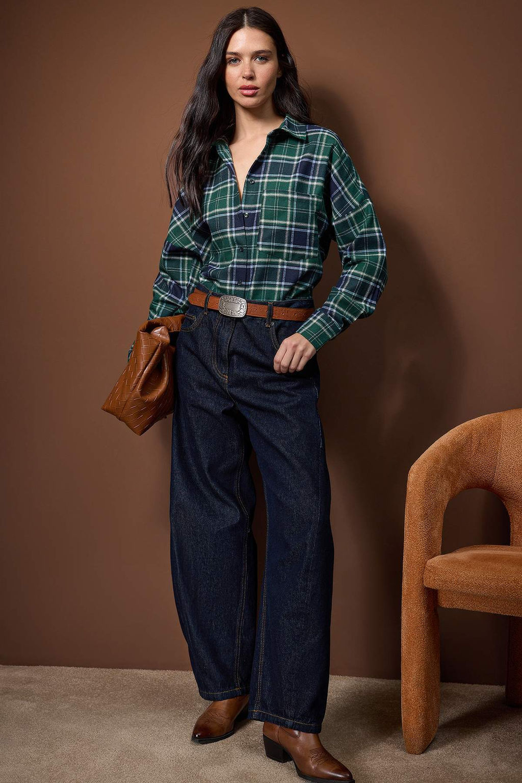 Mavi-Cok Renkli Flanel Ekoseli Oversize/Genis Kal?p Gomlek TWOAW26GO00132