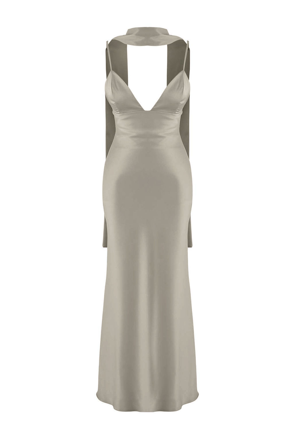 Gri Sal Detayl? Saten Dokuma Maxi Abiye Gece Mezuniyet Elbisesi TPRSS25EL00312