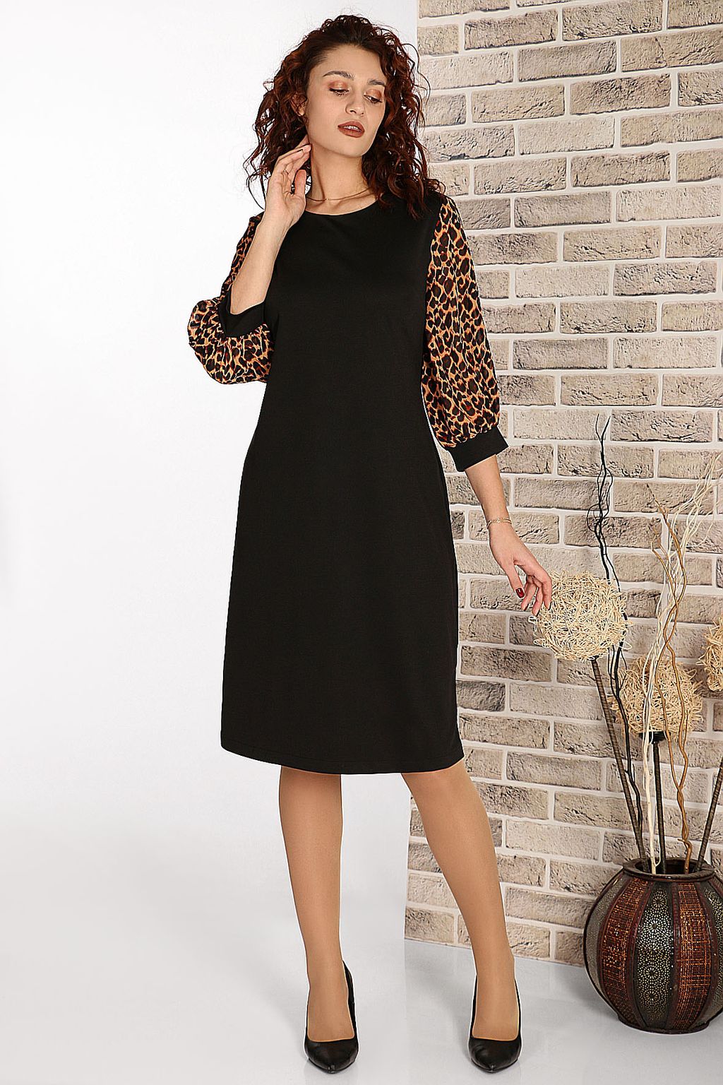 Платье с леопардовыми рукавами - Almond фото 5