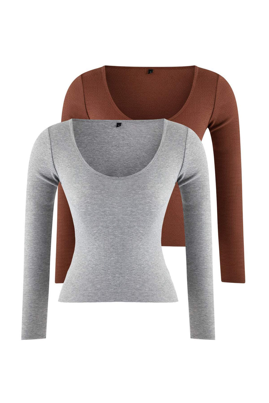 Kahverengi-Gri Melanj 2li Paket V Yaka Fitted/Vucuda Oturan Pamuklu Esnek Orme Bluz TWOAW24BZ00068