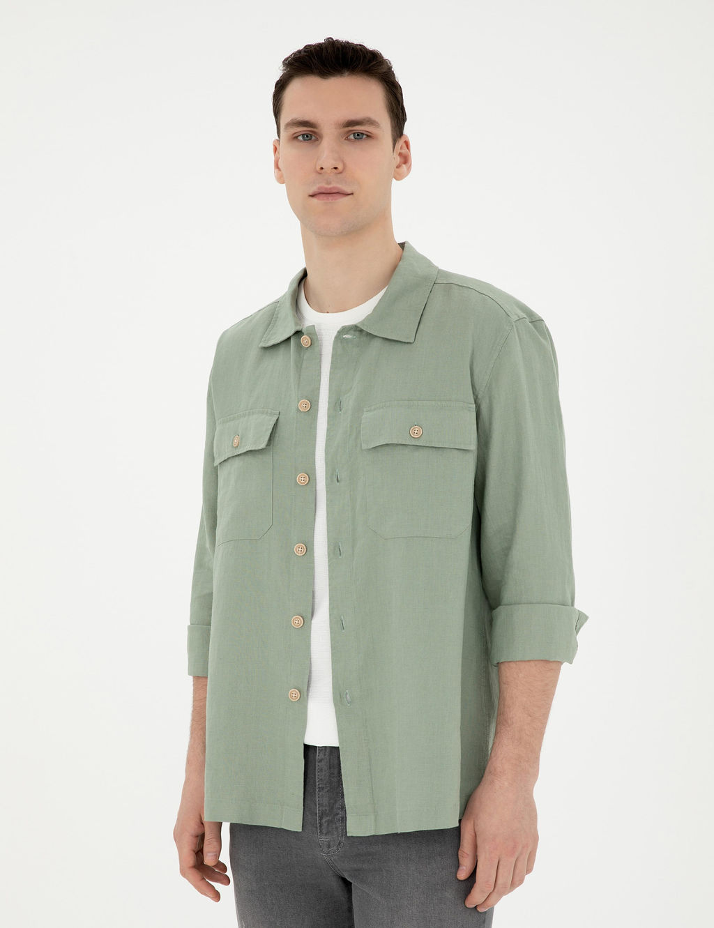 Ye_il Keten Comfort Fit Uzun Kollu G_mlek