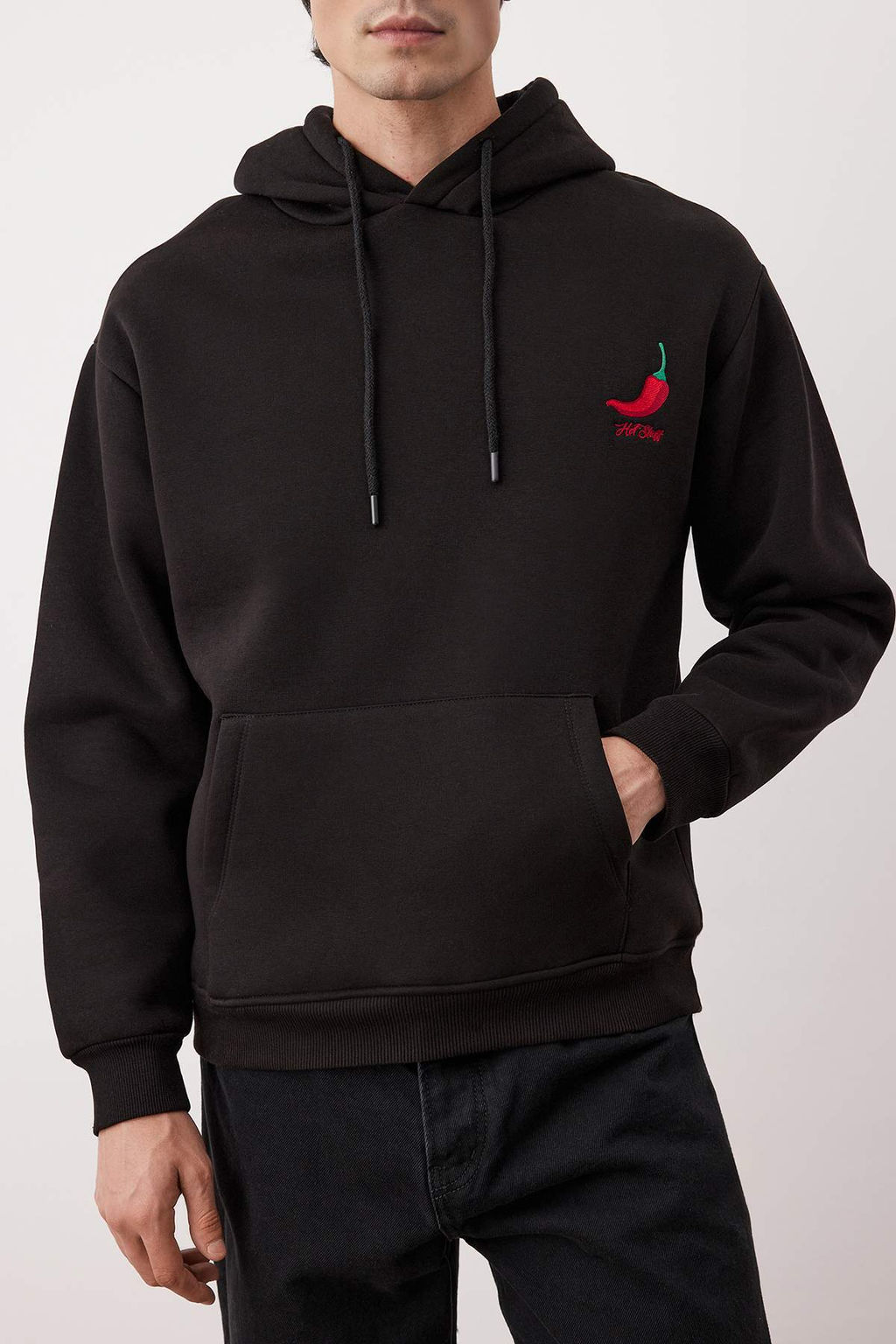Siyah Biber Nak?sl? Oversize/Genis Kesim Ici Polarl? Kapusonlu Sweatshirt TMNAW25SW00016