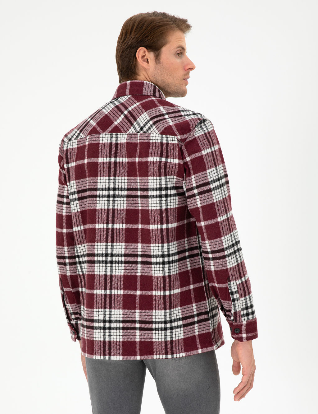 Bordo Klasik Yaka Oduncu _ift Cepli Oversize G_mlek Ceket