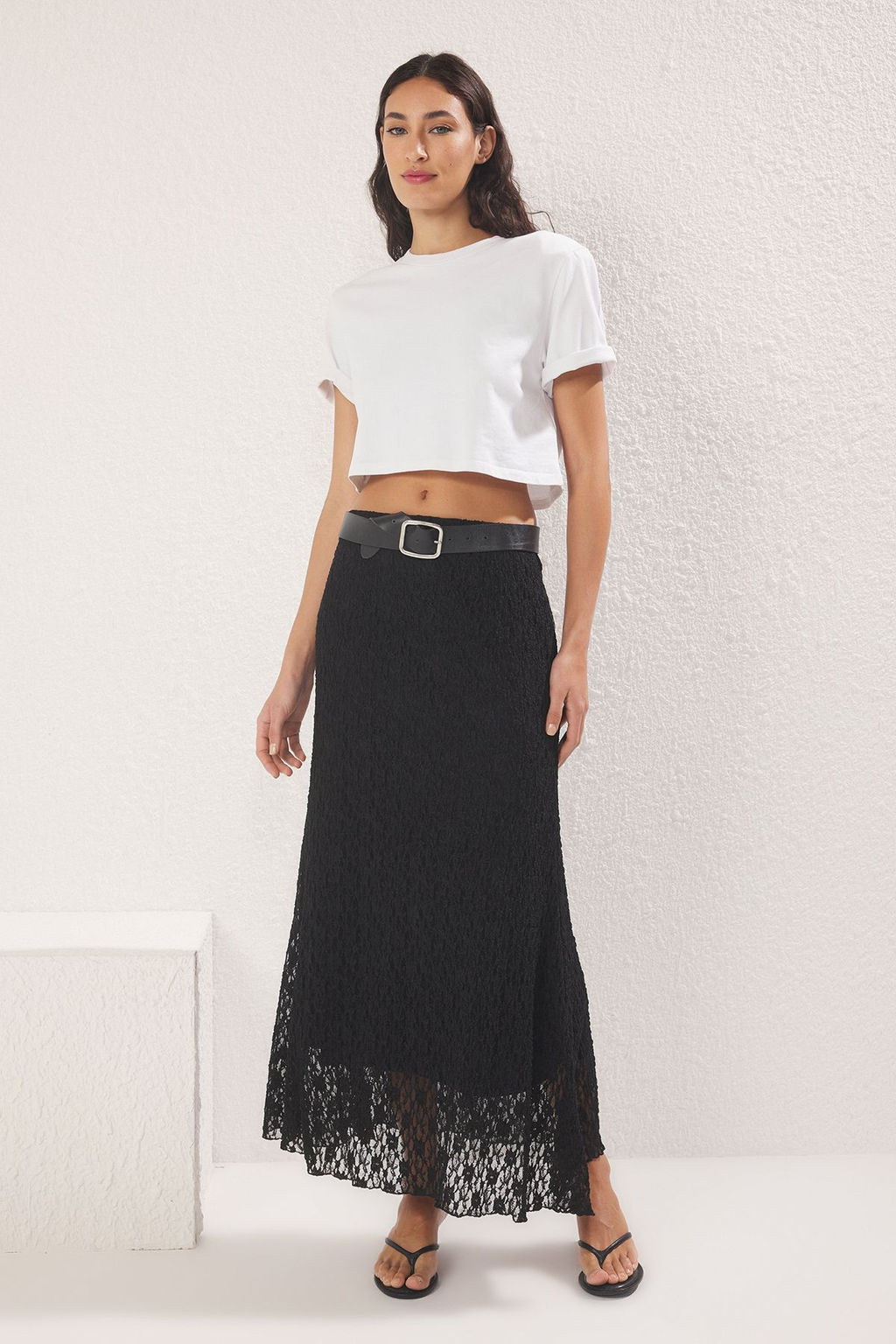 Siyah A Line Astarl? Dantel Maxi Esnek Orme Etek TWOSS25ET00149