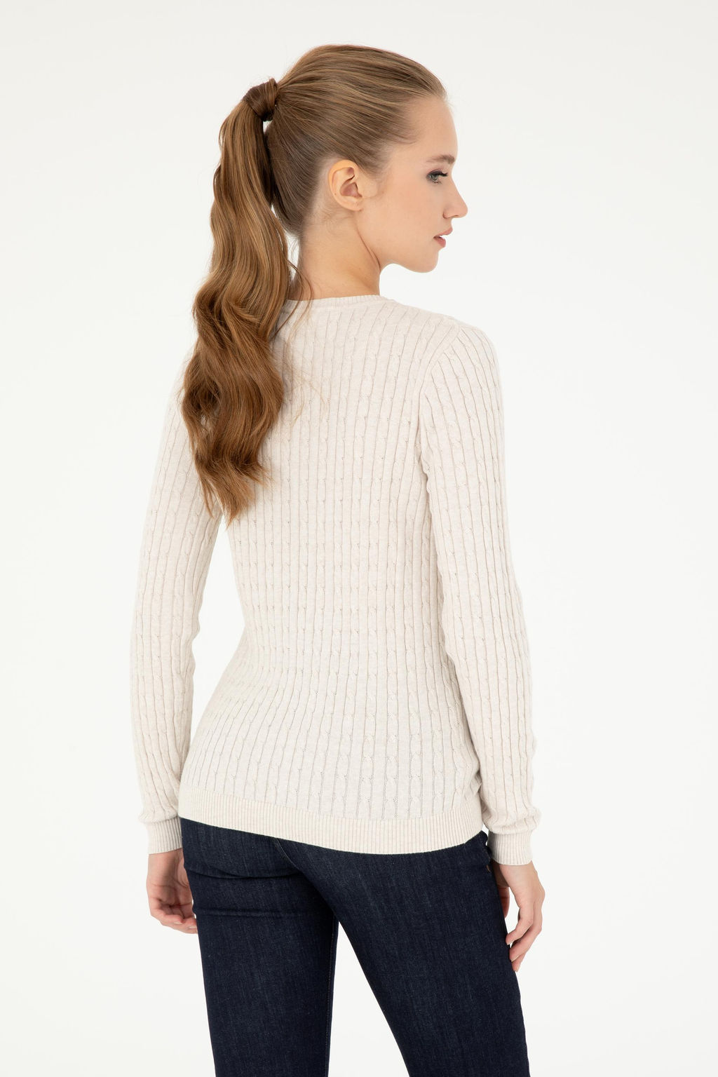 Женский кремовый меланжевый базовый свитер с v-образным вырезом Неожиданная скидка в корзине - U.s. polo assn фото 5