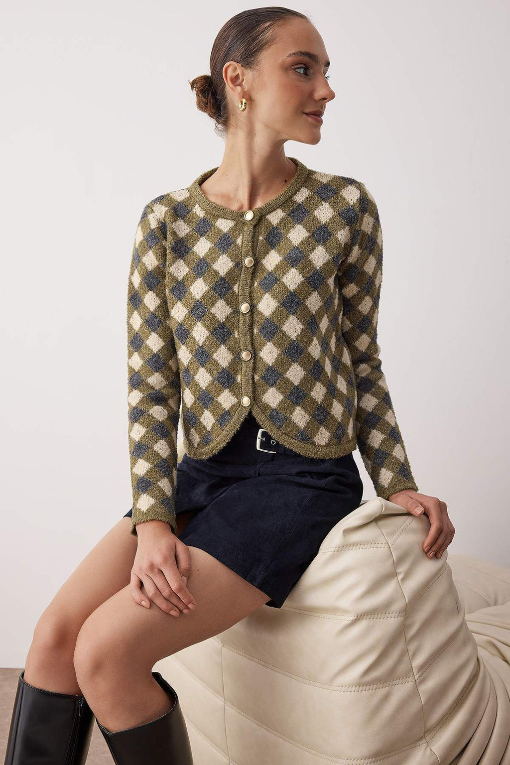 Haki Baklava Desenli Bisiklet Yaka Crop Triko H?rka TWOAW26HI00239