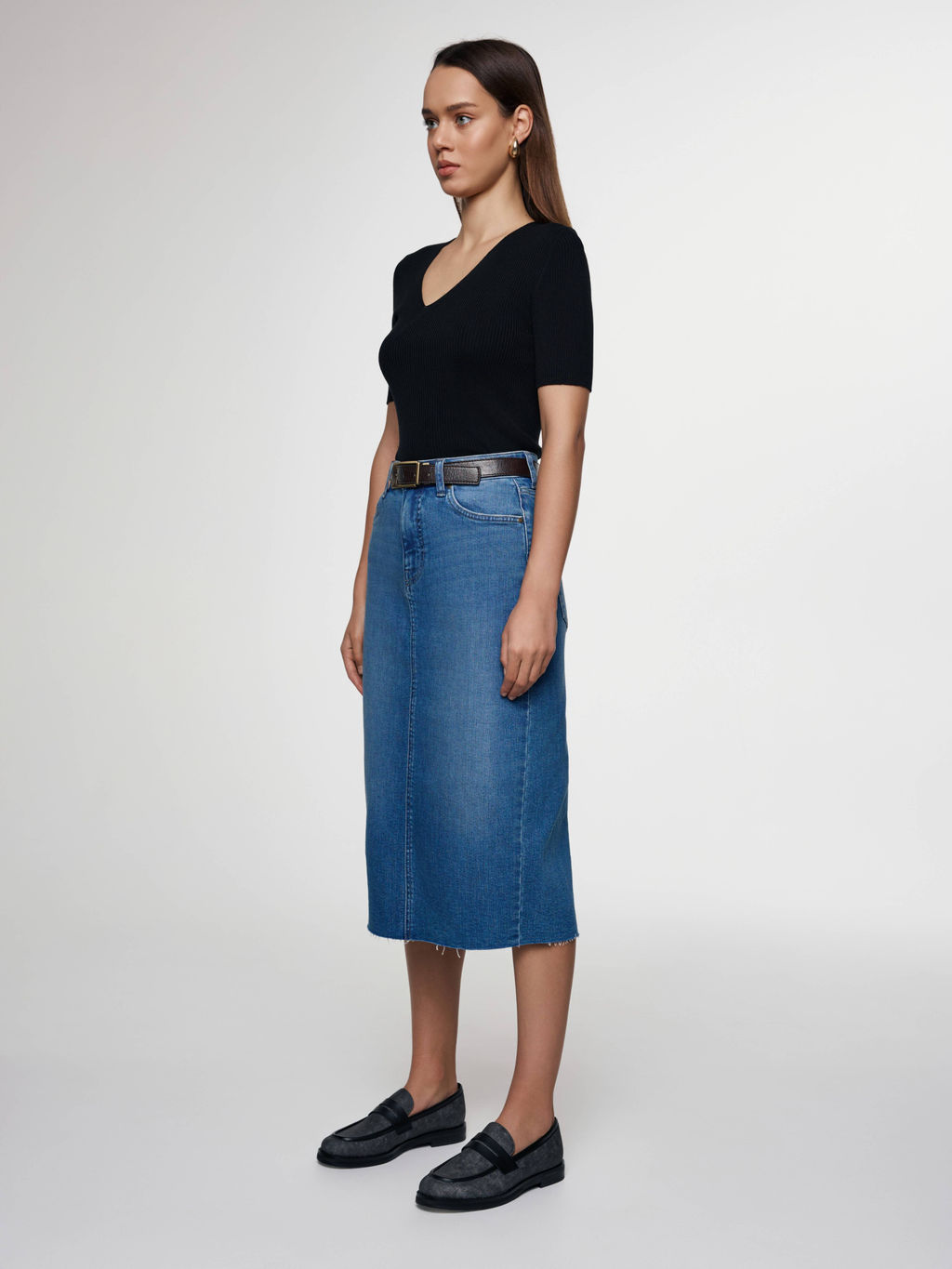CONTE CON-633 Джинсовая юбка-midi с разрезом и необработанным краем blue