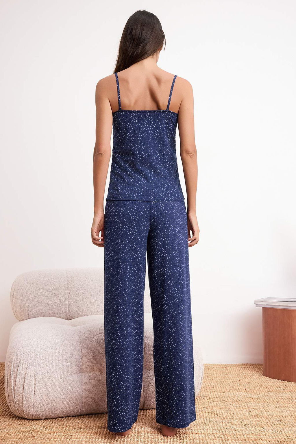 Lacivert Puantiyeli Buzgulu On Detayl? Pamuklu Yumusak Tuse Orme Pijama Tak?m? THMSS26PT00117